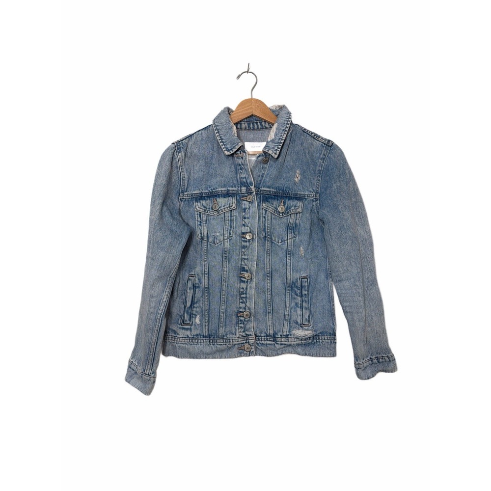 Old Navy Cotton Denim Jacket S Blue Distressed Button Front Trucker Coat